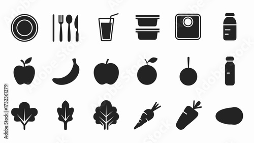 Clean minimalist silhouette icons for healthy eating and lifestyle nutrition vector graphics silhouette white background