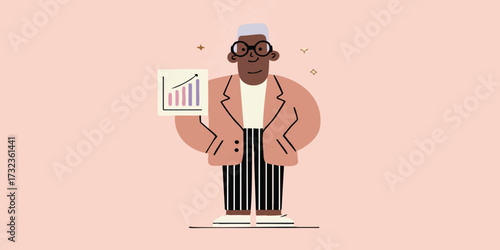 A stylish professional showcasing impressive data and upward trends, embodies professional success and data-driven insight. A colorful illustration that exudes confidence and financial growth.