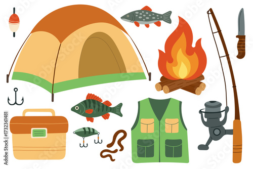 Fishing gear set with camping tent, campfire, fishing rod, hooks, tackle box, worms, knife, vest, lure, and freshwater fish. Outdoor adventure illustration perfect for camping graphics.