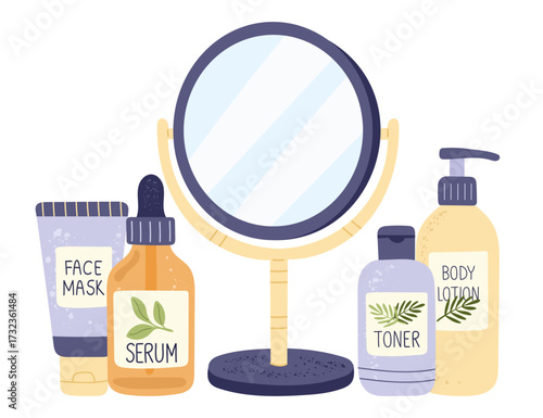 Cosmetic skincare vector set including mirror, facial mask, serum, toner, lotion, gua sha, jade roller, massage brush and combs. Modern flat illustration for wellness, spa, daily routine and personal 