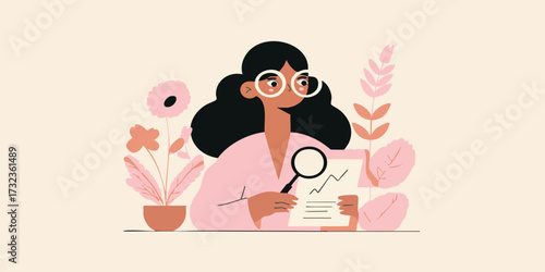 A focused illustration depicts a female analyst, peering intently through a magnifying glass at a chart, symbolizing analytical thought. This piece showcases analytical and research.