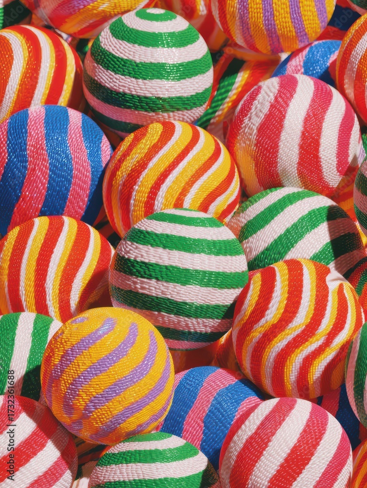 Obraz premium Vibrant Macro View of Colorful Striped Candy Balls Showcasing Hyperrealistic Repeating Patterns in Bright Tones