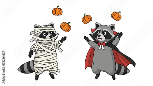 Halloween Raccoon Duo: Two playful raccoons, one dressed as a mummy and the other as a vampire, playfully toss pumpkins in a whimsical illustration celebrating the spirit of Halloween and autumn fun.