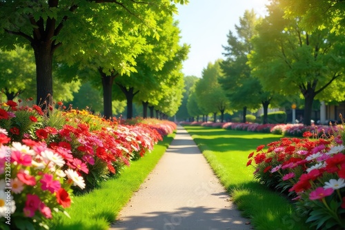 Vibrant flowerbeds bursting with color adorn a meticulously landscaped park, creating a cheerful and inviting atmosphere  Perfect for spring, summer, and tourism brochures  ,  landscaping,  idyllic