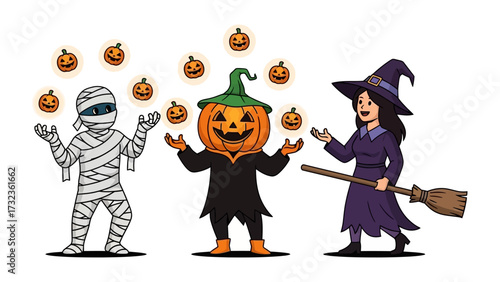 Spooky Halloween Characters: A trio of whimsical figures—a mummy, a pumpkin-headed character, and a witch—juggle illuminated jack-o'-lanterns in a vibrant Halloween illustration.  
