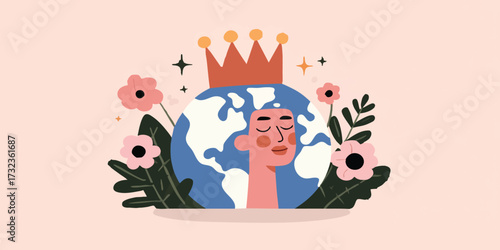 A serene person, crowned by nature's beauty, symbolizes care for the planet, embraced by floral beauty, radiating gentle care and nurturing the earth.