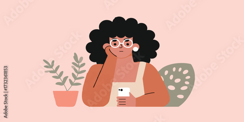 A pensive woman with curly hair leans thoughtfully, holding a smartphone in a peaceful setting, contemplating life's nuances with a touch of introspection.