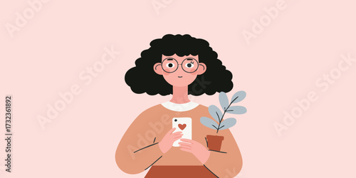 A modern female, absorbed in the screen of her mobile phone, embodies the digital age. The gentle embrace of a potted plant, a subtle accent, and soft, neutral tones offer a serene.