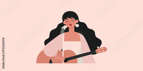 A serene female figure, lost in the melody, strums the strings of a guitar, creating a moment of musical artistry and emotional expression.