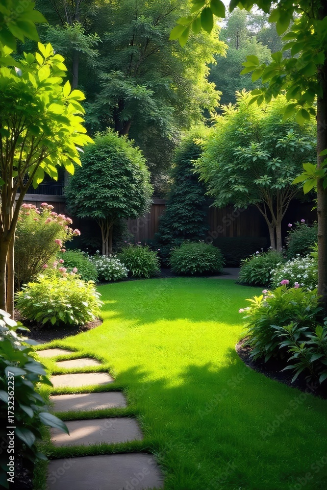 Obraz premium Tranquil backyard oasis featuring lush greenery, a stone pathway, and meticulously manicured lawn Perfect for relaxation and outdoor enjoyment , stone, leaves, shrubs