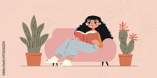 A young woman engrossed in a good book, creating a cozy and inviting scene. Surrounded by potted plants, embodying the simple joys of reading and relaxation.