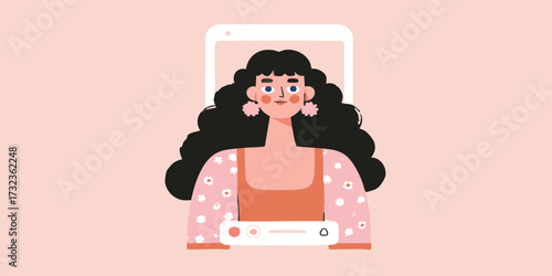 A woman captures her picture, creating a captivating digital self-portrait within the modern digital space. A person's self-expression is conveyed through the vibrant design with bold illustrations.