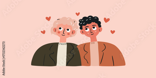 Two individuals, a person with light hair and a person with dark hair, share a tender embrace as hearts gently float above them. It's a scene of affectionate tenderness and blossoming love. 