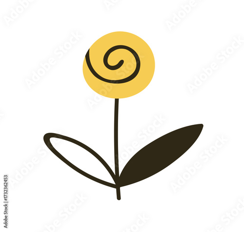 Flower blossom. Rose bloom, stem and leaf. Summer garden plant in doodle simp...