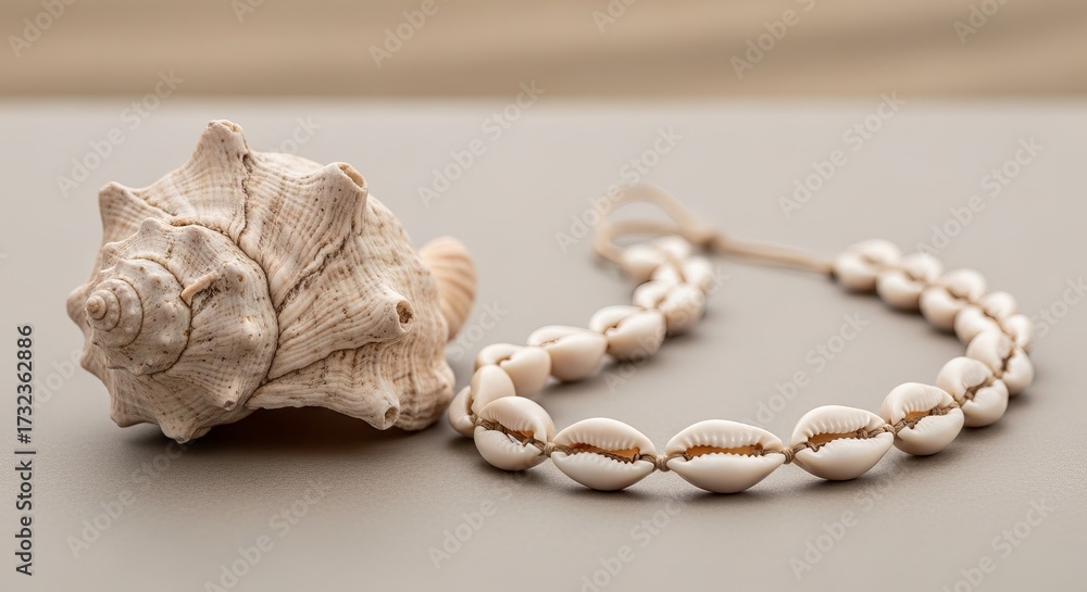Fototapeta premium Closeup shot of a textured seashell and a necklace made of cowrie shells
