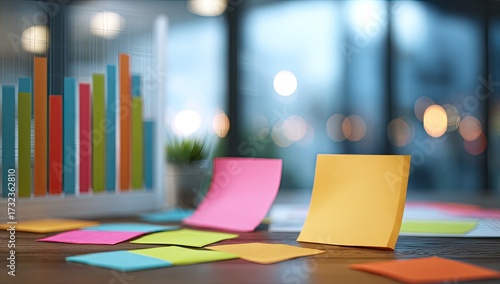 Office desk scene with colorful sticky notes, graph, and blurred background