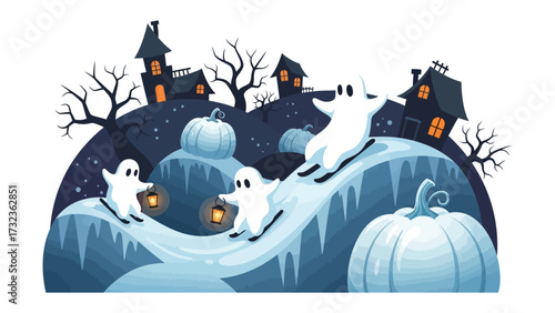 Spooky Adventure: Playful ghosts revel in the night's eerie charm, sledding down a moonlit hill adorned with pumpkins and haunted houses, embodying the spirit of Halloween.