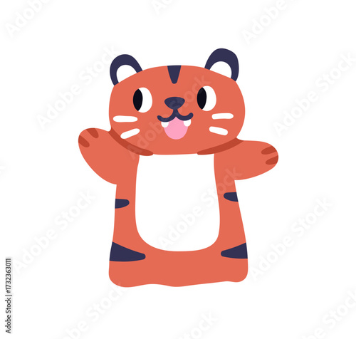 Cute tiger, hand puppet. Funny glove toy. Plush marionette animal character. Happy smiling dummy for puppetry playing. Kids childish flat vector illustration isolated on white background.