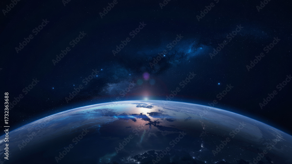 Fototapeta premium A breathtaking view of earth from space, with a stunning sunrise illuminating the horizon