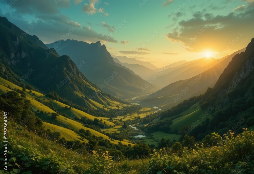 Fototapeta premium Emerald Dusk Vibrant Greens and Golds Illuminate a Mountainous Horizon
