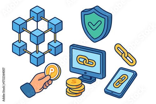Blockchain technology isometric icon set. Vector cartoon illustration of crypto currency, secure data network, digital money, finance technology and decentralized system concept.