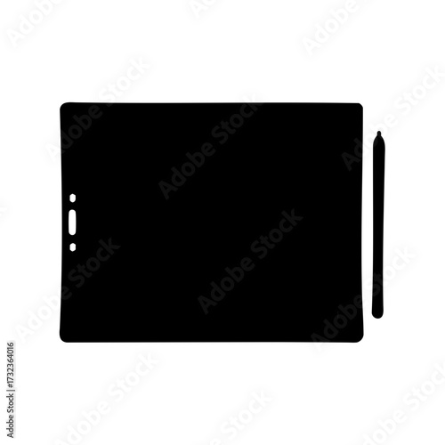 Silhouette of a graphic tablet and stylus on a white background for designers