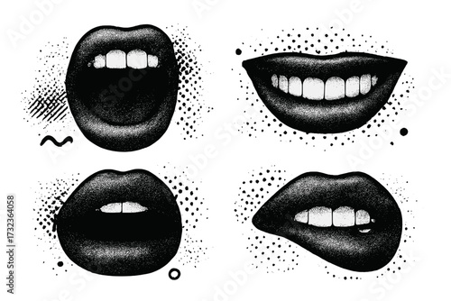 Mouth expressions set in pop art style. Halftone lips collection with smile, scream, bite. Abstract dotted texture. Vector collage for poster, banner. Monochrome emotion icons.