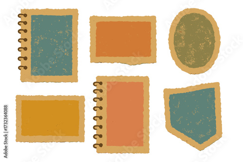 Vintage collage art set with torn paper elements. Retro scrapbook craft notebook shapes with texture. Zine culture design collection for banners, frames, and backgrounds.