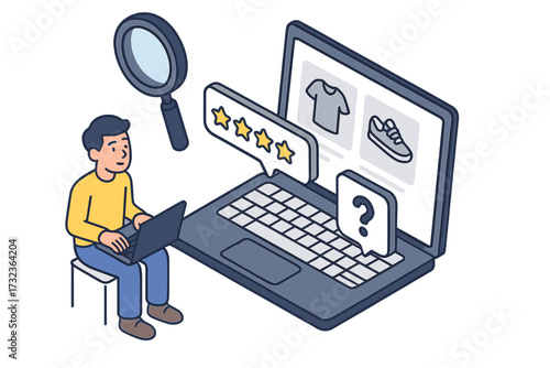 Customer journey consideration stage. Man with laptop researches products in online store. Ecommerce user experience concept with search, rating review, and buying decision.
