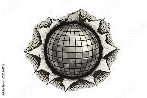 Silver disco ball vector illustration. Halftone collage element for party design. Abstract dotted torn paper effect with a shiny party globe. Retro music and dance nightlife icon.