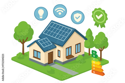 Energy efficient smart home with solar panels and class rating. Green energy, eco-friendly real estate concept. Isometric vector with sustainability certification and technology.