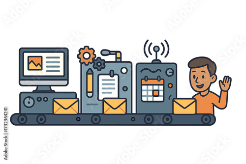 Email marketing automation vector concept. Production line with conveyor belt illustrating a newsletter campaign workflow. Process of designing, scheduling, and sending messages to users.