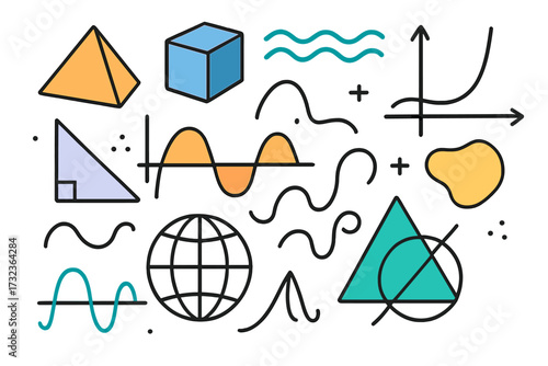 Math and geometry elements set. Collection of abstract scientific symbols, geometric shapes, graphs, and functions. Education and learning concept. Vector flat design icons.