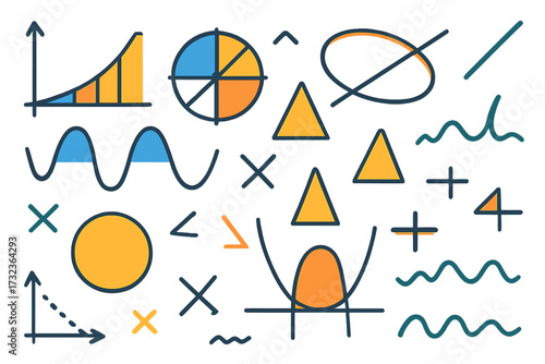 Set of hand drawn math and geometry doodle elements. Collection of abstract mathematical symbols, algebra signs, graphs, and charts for data visualization and infographics.