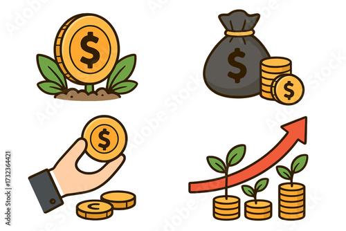 Investment and finance growth concept icon set. Vector cartoon money tree, savings bag, profit chart. Business success, wealth management, ROI, and capital gain metaphor.