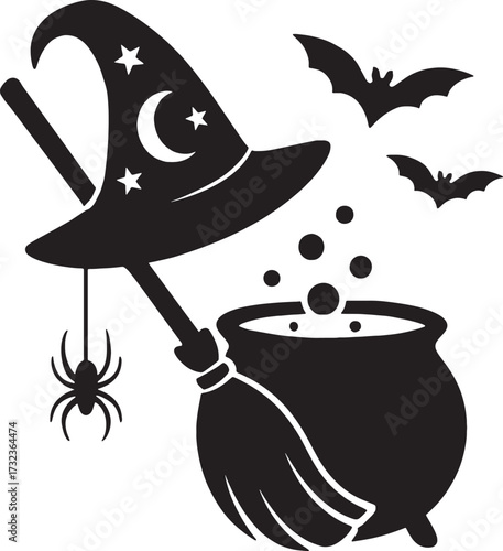 Witch Silhouette with Hat, Broom, Cauldron, and Bats
