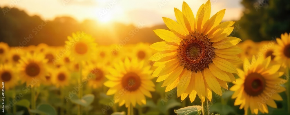 Obraz premium Vibrant sunflowers bask in the warm glow of summer sunshine, their faces turned towards the golden light A picturesque scene of nature's beauty and abundance , light, sunny