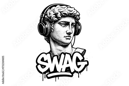 Classic Greek statue bust with headphones. Modern street art graffiti with Swag text. Pop art mashup concept. Black and white vector drawing for print. Ancient sculpture.