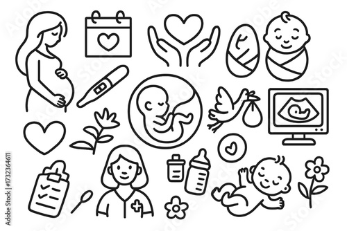 Pregnancy and birth doodle icon set. Motherhood and maternity concept. Pregnant woman, newborn baby, fetus, ultrasound. Line art vector illustration for obstetrics and family.