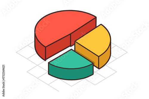 Isometric pie chart vector for data visualization. 3D infographic diagram for business analytics. Financial report graph with market share statistics and percentage segments.