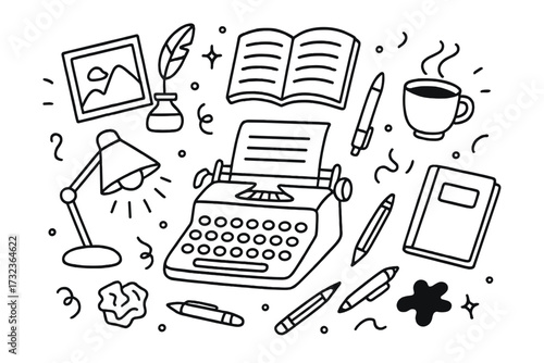 Writer doodle set, author concept. Vintage typewriter for creative writing or journalism. Retro workspace with book, pen, lamp, and coffee. Storytelling vector illustration.