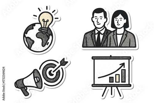 Business concept sticker set. Vector icons for global innovation, corporate teamwork, marketing target goals and financial growth presentation. Symbols for success strategy.