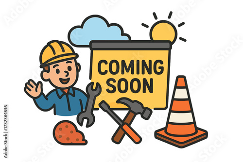 Coming soon under construction concept. Cartoon worker character in hard hat with tools, hammer, wrench, and traffic cone. Vector illustration for website page, maintenance.