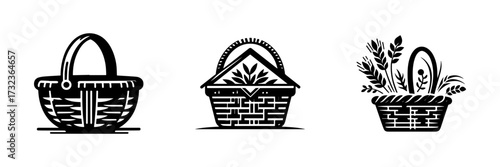 Modern Minimalist Farmhouse Basket Icon, Flat Silhouette of a Rustic Container Vector for Agriculture Illustration Design