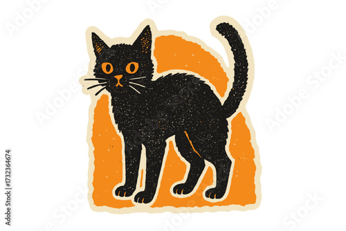 Vintage Halloween black cat illustration. Spooky retro folk art style cat with arched back. Textured grunge linocut print design for autumn holiday celebration. Frightened kitty.