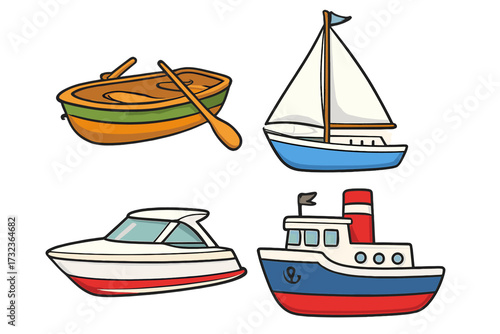 Vector cartoon collection of water transport. Set of isolated boat icons. Includes rowboat, sailboat, speedboat and tugboat. Sea and ocean travel concept illustration.