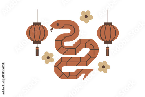 Year of the Snake 2026 vector illustration. Chinese New Year greeting card element. Modern geometric zodiac sign with oriental lanterns and flowers for lunar new year.
