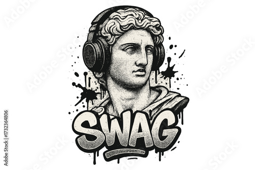 Antique Greek statue bust with headphones and swag graffiti slogan. Vector illustration for t-shirt print. Classic art meets urban street style. Halftone music collage design.