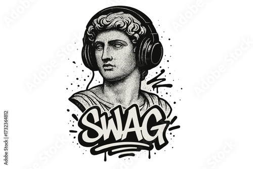 Antique sculpture in headphones and SWAG graffiti slogan. Vector illustration for t-shirt print. Classic Greek statue bust meets modern urban street art. Halftone collage.