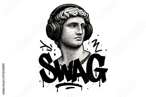 Antique sculpture in headphones with SWAG graffiti slogan. Classic Greek statue head listening to music. Vector halftone collage for t-shirt print. Street art illustration.